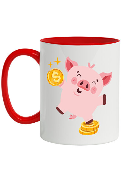 StoryGift Romania Cana Cu Porcusor, Monede, Stele, Bani, Animal, Multicolor 330 ml, Ceramica cu Ma, Cu Maner Rosu