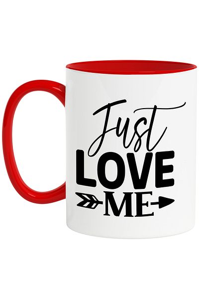 StoryGift Romania Cana cu "ordinul" in limba engleza "Just love me" - iubire cu Maner Rosu, Cu Maner Rosu