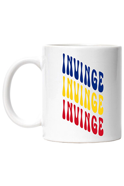 StoryGift Romania Cana Cuvantul Invinge, in Culorile Steagului Romaniei, Rosu, Galben, Albastru, T, Cu Maner Alb