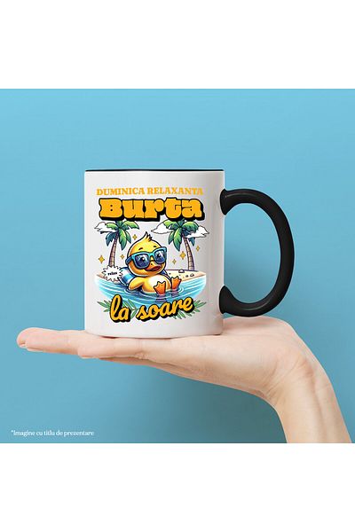 StoryGift Romania Mug with Yellow Duckling with Sunglasses at the Beach in the Water, text Sunday Rel, With ,STG.