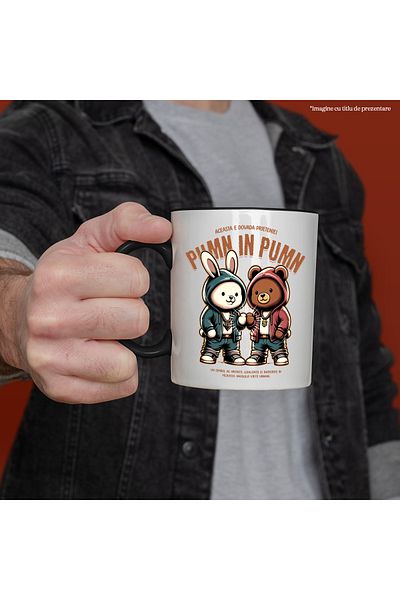 StoryGift Romania Mug Proof of friendship rabbit and bear family, 330ml, Ceramic with Black Handle, With Handle, STG