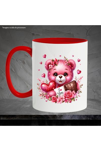 StoryGift Romania Mug with a teddy bear | pink | cheerful | heart | message "I love you, With ,STG