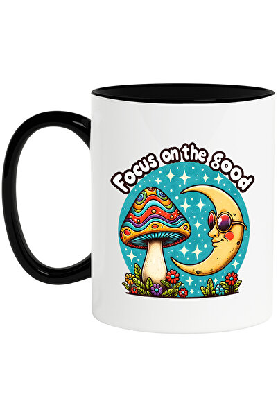 StoryGift Romania Cana cu mesajul "Focus on the good", stilul hippie, cultura, ilustratie, psihede, Cu Maner Negru