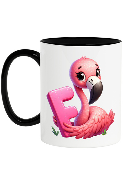 StoryGift Romania Cana cu pasarea flamingo cu litera "F", ilustratie, pentru copii, scoala, elev, , Cu Maner Negru