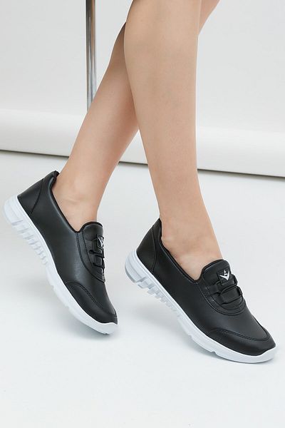 ALTUNTAŞ Women's Ballerinas Black Faux Leather Ballerinas Comfortable Lightweight Ballerinas Daily Ballerinas Black White