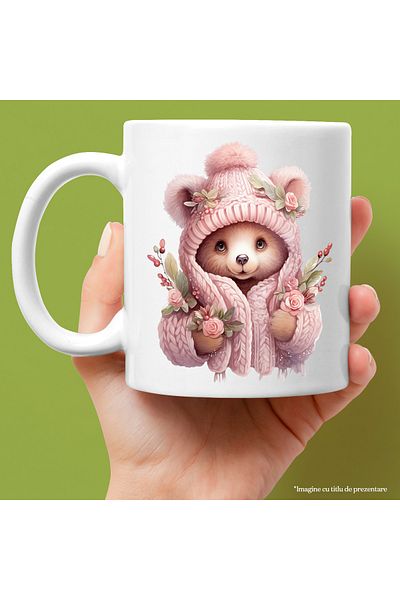 StoryGift Romania Mug with a bear dressed in thick clothes | illustration | flowers | nature | outside | cold | coat, With White Handle