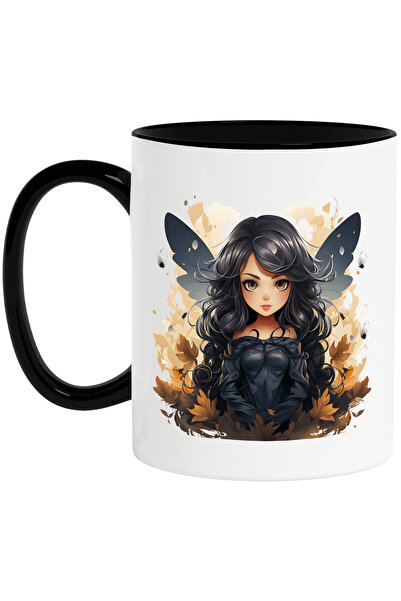 StoryGift Romania Cana cu o fata draguta, ilustratie, aripi negre, rochie neagra, frunze care cad,, Cu Maner Negru