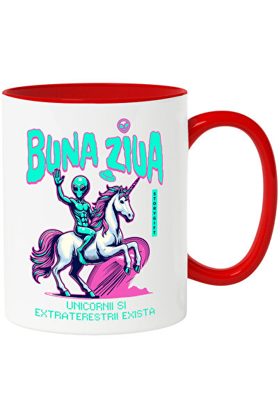 StoryGift Romania Cana cu Extraterestru pe Unicorn Text Buna Ziua, Lume paral...