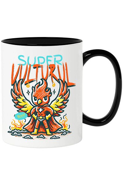 StoryGift Romania Mug with Red Cartoon Eagle with Superhero Costume Kids text Super Eagle, Sky, with Black Handle