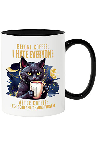 StoryGift Romania Cana cu o pisica neagra care tine o ceasca cu cafea cu mesa...