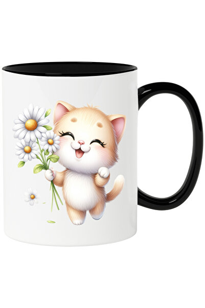 StoryGift Romania Cana cu o pisicuta vesela care tine un buchet cu floricele ...