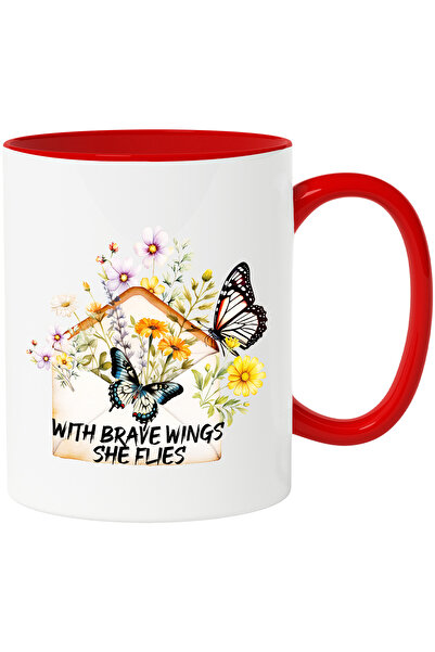 StoryGift Romania Cana cu fluturi si cu flori intr-un plic cu mesajul "With Brave Wings She Flies", Cu Maner Rosu