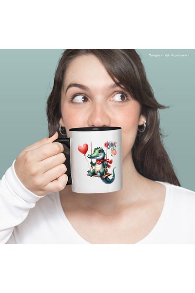 StoryGift Romania Mug with a crocodile swinging, illustration, balloon, hearts, flowers, a, With ,STG