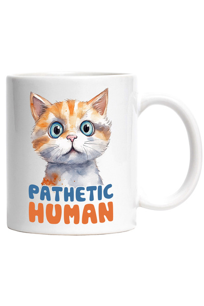 StoryGift Romania Cana cu pisica uimita cu mesajul "Pathetic human", ilustrat...