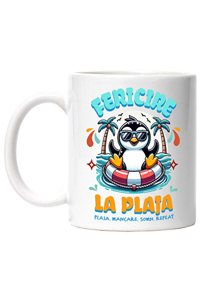 StoryGift Romania Cana cu Pinguin Cu Ochelari De Soare Colac Pe Mare Plaja Tropicala text Fericire, Cu Maner Alb