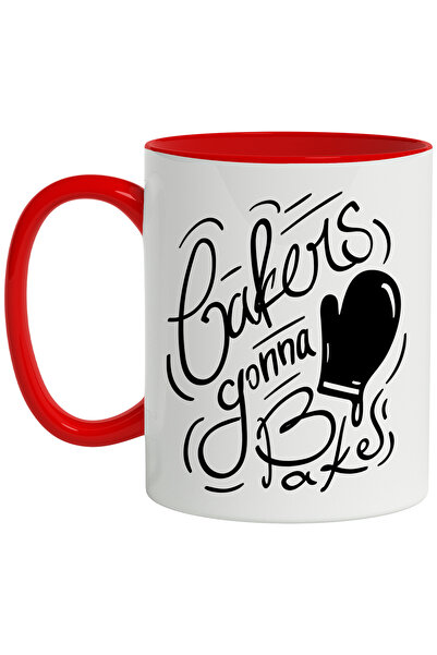 StoryGift Romania Cana Cu Mesaj In Engleza Bakers Gonna Bake, Cofetarie, Manusa, Bucatarie, Alb Ne, Cu Maner Rosu