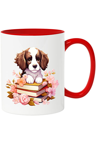 StoryGift Romania Cana cu un catel care sta pe un teanc cu carti | ilustratie...