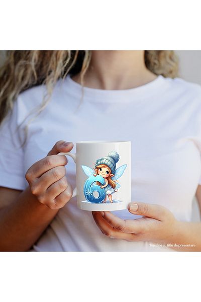 StoryGift Romania Cana cu o zana micuta care tine cifra "6" | ilustratie | scoala | matematica | c, Cu Maner Alb