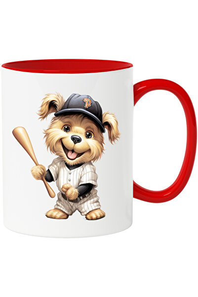 StoryGift Romania Cana cu un catel vesel care se joaca baseball | sapca | meci | bata | sport | pa, Cu Maner Rosu