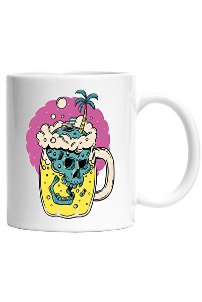 StoryGift Romania Cana Cu Craniu, Halba, Bere, Plaja, Palmier, Scaun, Stea, Multicolor 330 ml, Cer, Cu Maner Alb