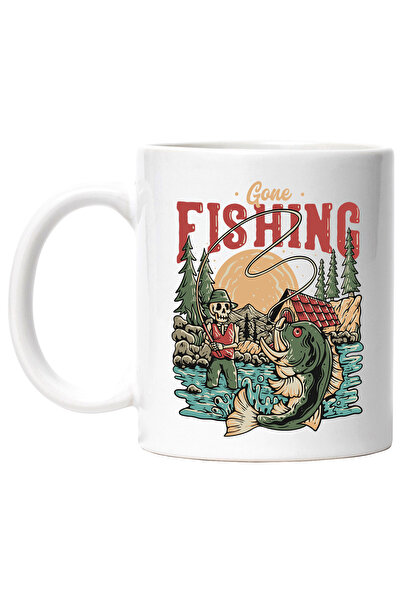 StoryGift Romania Cana Cu Mesaj In Engleza Gone Fishing, Pescuit, Lac, Schelet, Multicolor 330 ml,, Cu Maner Alb