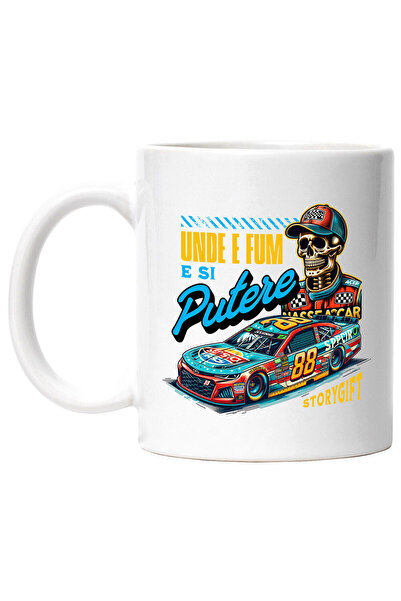 StoryGift Romania Cana cu Schelete Craniu Uman In Tinuta Sofer Formula 1 Masina Curse Colorata Tex, Cu Maner Alb