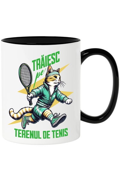 StoryGift Romania Cana Pisica sportiva jucand tenis sport, 330ml, Ceramica cu...