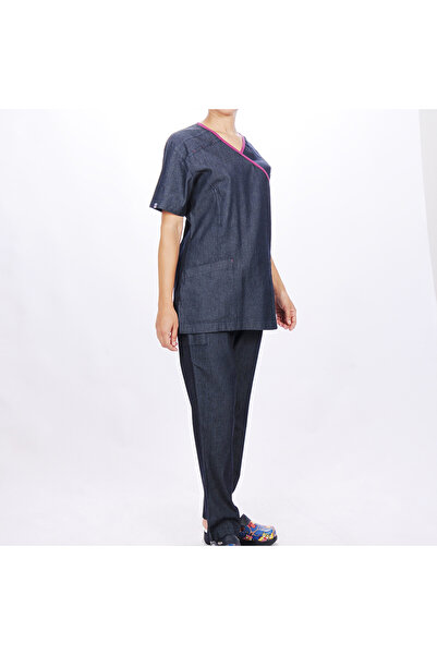 FORMTEKS Kadın SPA Hemşire Scrubs Takım Likralı Terry Cotton Lacivert-Bordo B...