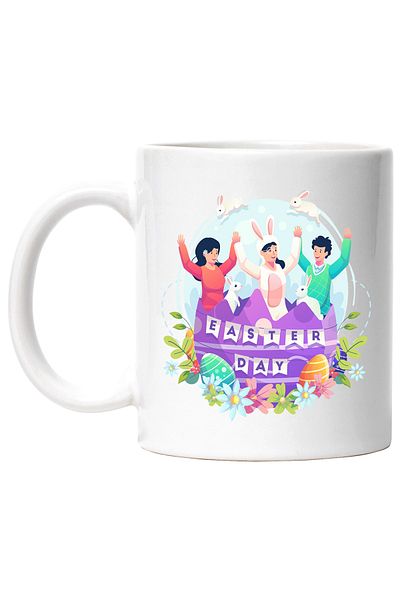 StoryGift Romania Cana Cu Mesaj In Engleza Easter Day, Paste, Iepuri, Costum, Oua, Flori, Multicol, Cu Maner Alb