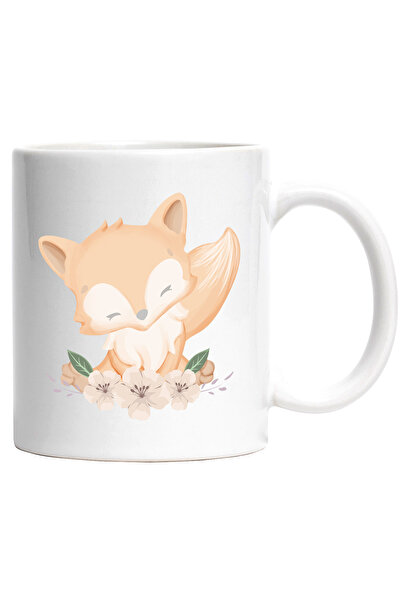 StoryGift Romania Cana Cu Vulpe, Flori, Frunze, Ramura, Multicolor 330 ml, Ceramica cu Maner Alb, Cu Maner Alb