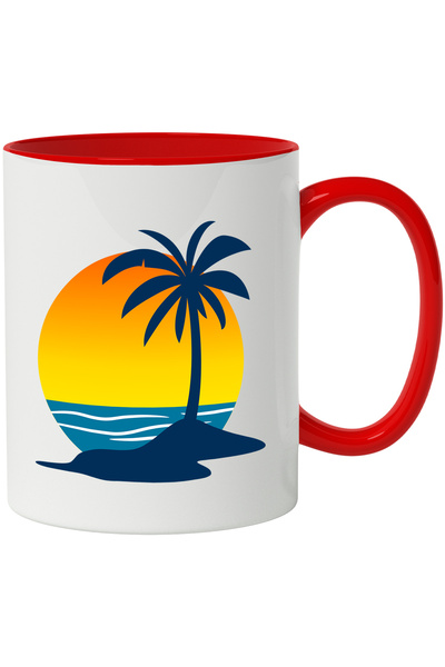 StoryGift Romania Cana Cu Palmier, Insula, Apus, Vara, Multicolor 330 ml, Ceramica cu Maner Rosu, Cu Maner Rosu