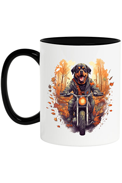 StoryGift Romania Cana cu un catel Rottweiler pe motocicleta | ilustratie | frunzele cad | toamna , Cu Maner Negru