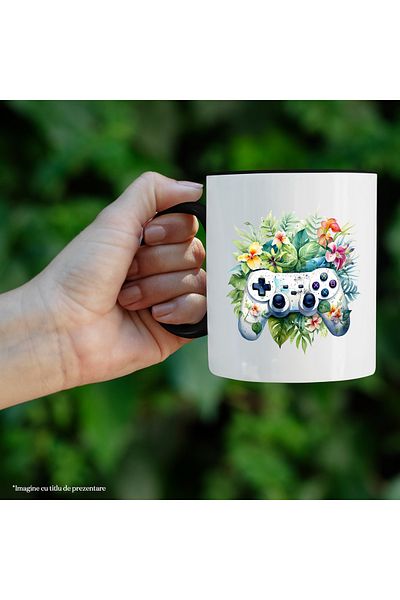 StoryGift Romania Cana cu un controller vechi, ilustratie, stil retro, vechi, flori, plante, amint, Cu Maner Negru
