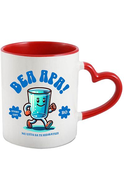 StoryGift Romania Cana Bea Apa - Nu Uita sa te Hidratezi, 330ml, Ceramica cu Maner Inima Rosie, Cu Maner Inima Rosie