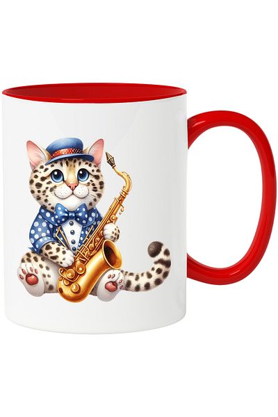 StoryGift Romania Mug with a cheetah cub holding a saxophone | illustration | music | instrument, With Red Handle