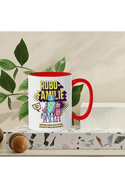 StoryGift Romania Robo family mug, robot love, parents, children, 330ml, Ceramic with Red Handle, With Handle, STG