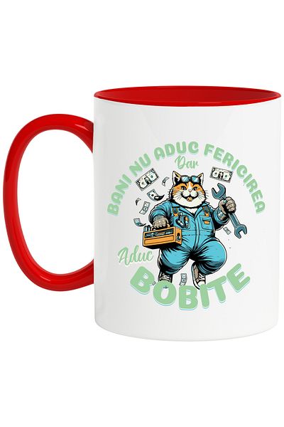 StoryGift Romania Cana banii nu aduc fericire dar aduc bobite pentru motan pisica, 330ml, Ceramic , Cu Maner Rosu