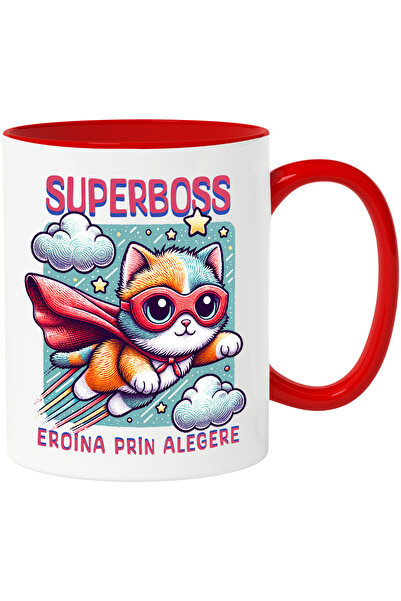 StoryGift Romania Cana Super Boss ,SuperErou, Eroina Prin Alegere, 330ml, Ceramic cu Maner Rosu, Cu Maner Rosu