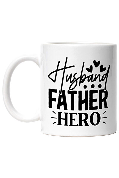 StoryGift Romania Cana cu textul in engleza "Husband, father, hero" - sot tata erou cu Maner Alb, Cu Maner Alb
