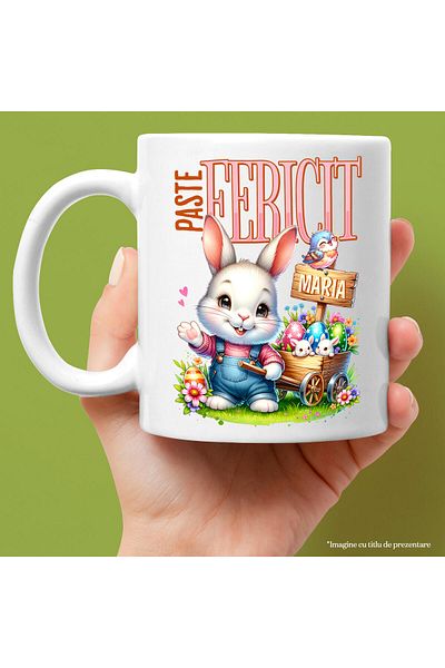 StoryGift Romania Cana cu Iepure Alb Cu Salopeta De Denim Carucior Cu Oua Colorate Pascal text Pas, Cu Maner Alb