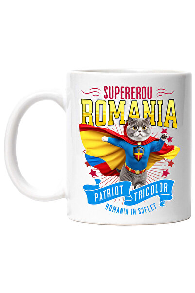 StoryGift Romania Mug with Scottish Fold Cat in Captain Romania Costume with Cape, Hero of the Night, with White Handle