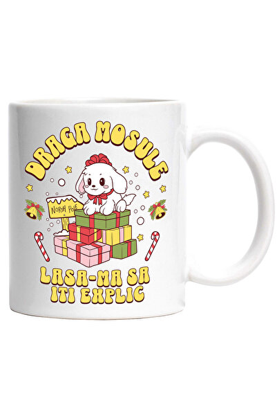 StoryGift Romania Cana cu Caine Fericit Langa Turn De cadouri Text Draga mosu...