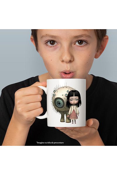 StoryGift Romania Cana cu Animatie Grafica Fetita cu Ciclop, Sci-fi, Ciclop cu Ochii Albastri, Fet, Cu Maner Alb