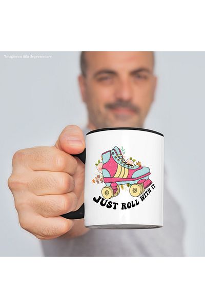 StoryGift Romania Cana cu role cu mesajul "Just roll with it", ilustratie, sport, flori, pasiune, , Cu Maner Negru
