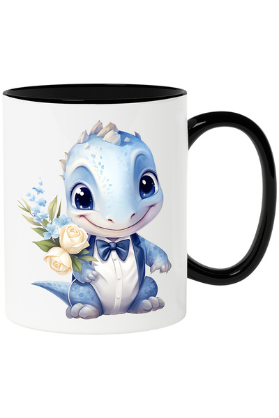 StoryGift Romania Cana cu un pui de dinozaur la camasa | ilustratie | fericit | flori | albastru |, Cu Maner Negru