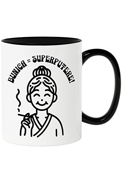 StoryGift Romania Cana Femeie Vesela Text Bunica Egal Superputeri Familie Iubire, 330ml, Ceramica , Cu Maner Negru