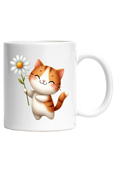 StoryGift Romania Cana cu o pisicuta vesela care tine o floare alba | ilustra...