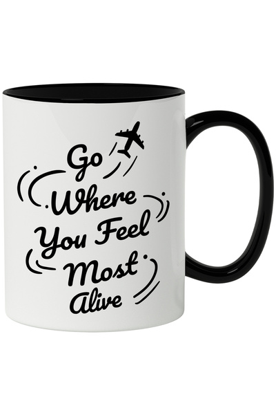 StoryGift Romania Cana Cu Mesaj In Engleza Go Where You Feel Most Alive, Avion, Calatorie, Plecare, Cu Maner Negru