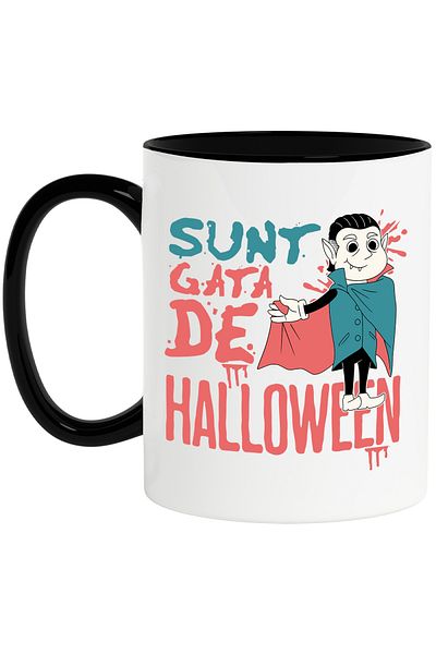 StoryGift Romania Cana cu Dracula Cu Colti Si Capa Text Sunt Gata De Hallowen Horror, Ceramica, 33, Cu Maner Negru