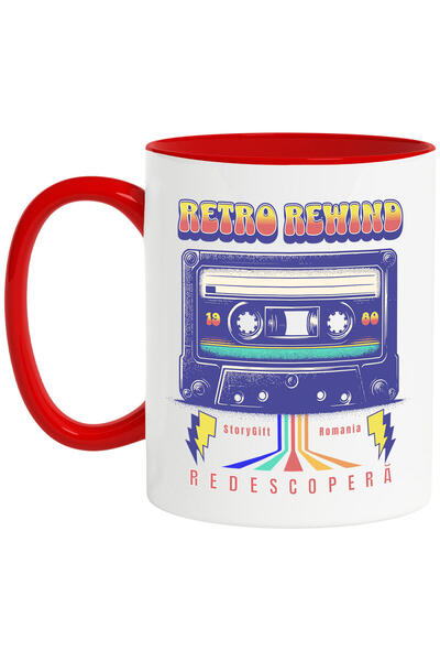 StoryGift Romania Cana cu Caseta Audio Colorata 1980 Text Retro Rewind Redescopera Disco Vintige ,, Cu Maner Rosu